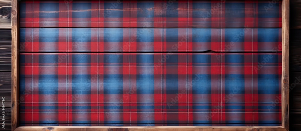 Poster top view of a blue wooden table with a frame made of red plaid texture it provides ample copy space 