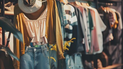 Obraz premium Trendy boutique clothing display with colorful outfits and accessories hanging on racks.