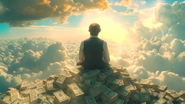 Wealthy Magnate Reigns Over Mountains of Currency, Symbolizing Success