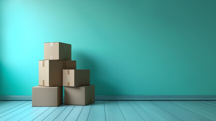 Stack of neatly packed cardboard boxes in an empty room ready for relocation, isolated on gradient background, space for text, neutral colors 