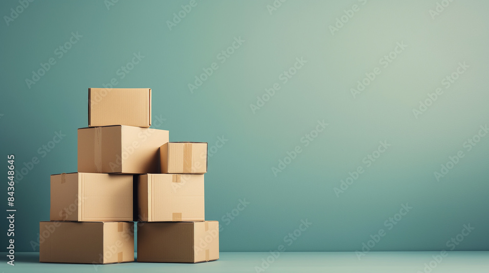Aufkleber stack of neatly packed cardboard boxes in an empty room ready for relocation, isolated on gradient b