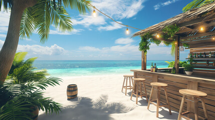 Summer podium with a beach bar setup and ocean view 