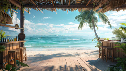 Summer podium with a beach bar setup and ocean view 