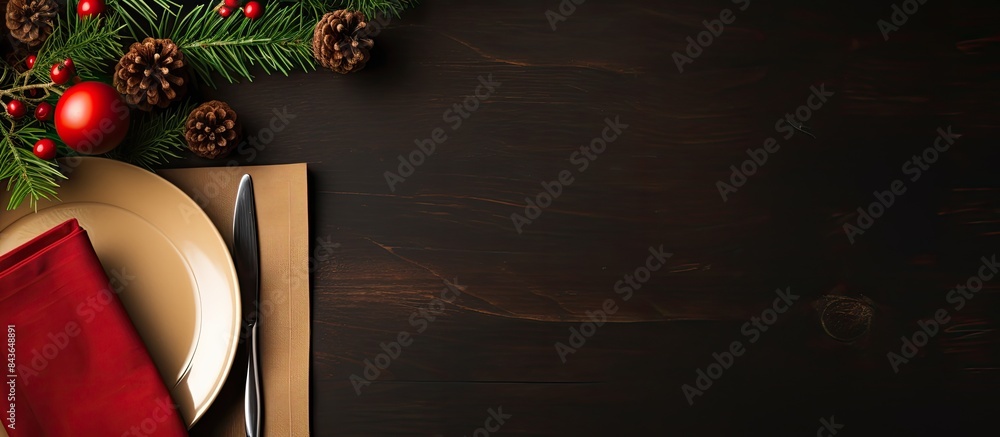 Aufkleber a flat lay of a holiday table setting with a christmas card or menu template featuring copy space