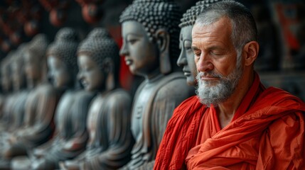 Caucasian monk in a Chinese monastery prays at an ancient wall with carved images of Buddha, immersed in his thoughts and prayers