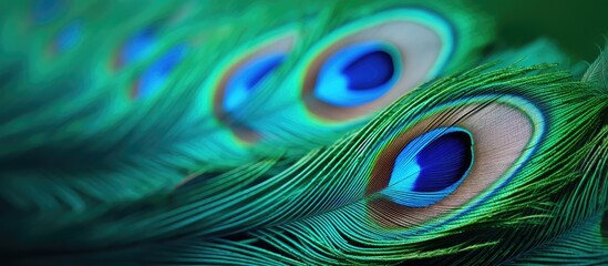 A close up image of a peacock feather providing a beautiful feather background with copy space