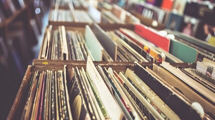 Rows of vinyl records in a vintage music store with classic albums and timeless music