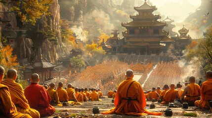Caucasian monk learning martial arts from an old master monk in a Chinese monastery at sunset