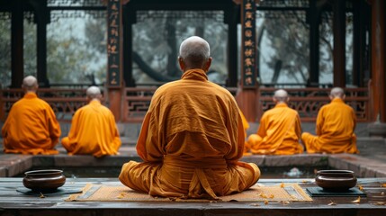 Caucasian monk learning martial arts from an old master monk in a Chinese monastery at sunset