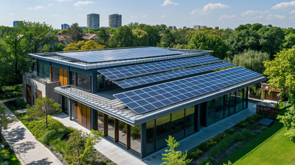 Obraz premium Wide angle shot of solar panels covering an entire roof, modern house, green trees in the background, renewable energy concept 