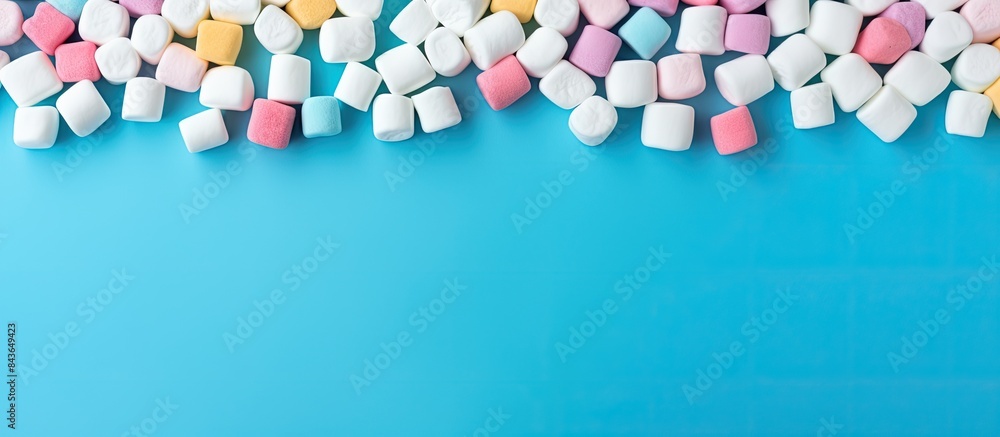 Aufkleber colorful mini marshmallows arranged on a blue background offering copy space in a flat lay or top vi
