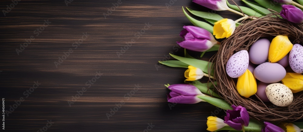 Poster top view of a beautiful easter background featuring a nest filled with eggs surrounded by purple and