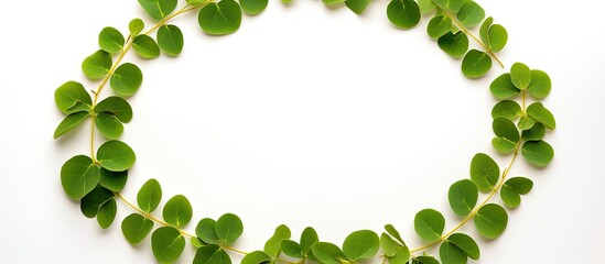 An isolated image of fenugreek seeds and leaves arranged in a circle against a white background. Copyspace image