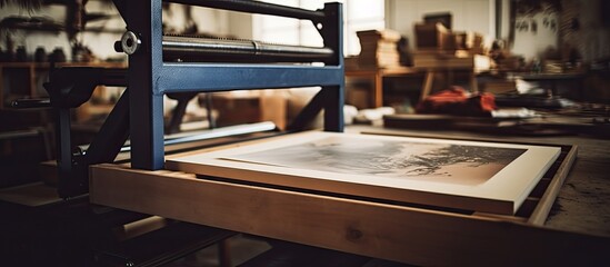 Printing photographs on canvas with the canvas stretched across a wooden stretcher Using a canvas stretching tool stapler pilers and wooden frames Copy space image