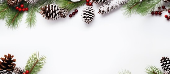 Naklejka premium A Christmas themed arrangement with spruce branches cones and a snowy white background Top view with a flat lay frame border and ample copy space for creative elements