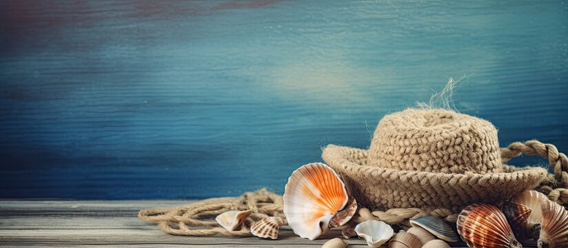 Vintage toned background with copy space image featuring a summer vacation relaxation theme It includes seashells a fishing net a hat rope stones and weathered wood on a blue backdrop