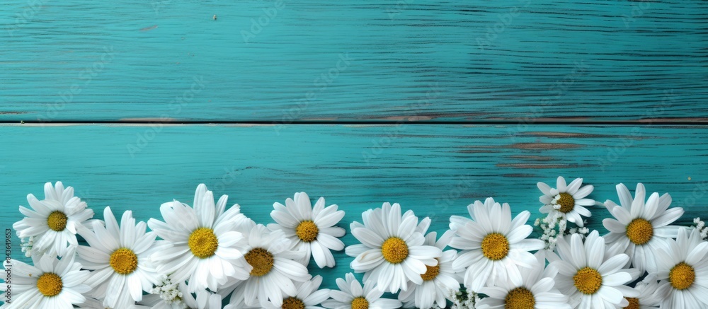 Poster top view of a copy space image depicting a border of chamomiles on a weathered turquoise wooden back