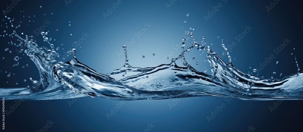 Poster a close up image of a water splash showcasing its intricate details against a sleek deep blue backdr