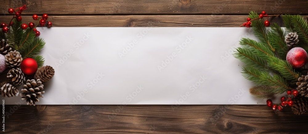 Poster on a wooden table there is a christmas fir tree adorned with ornaments a blank paper and a pair of t