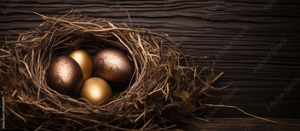 Poster close up image of a dark wooden background with a nest containing golden eggs perfect as an easter b