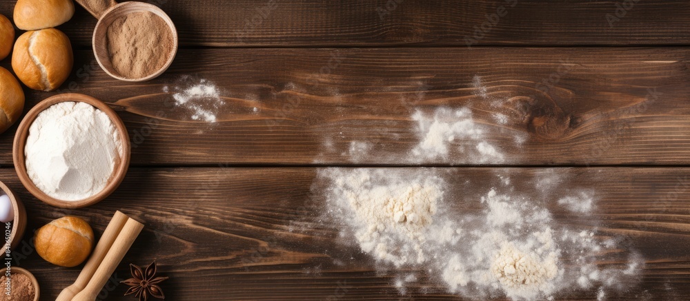 Poster a top view of ingredients and tools for dough preparation on a wooden background creating a baking a
