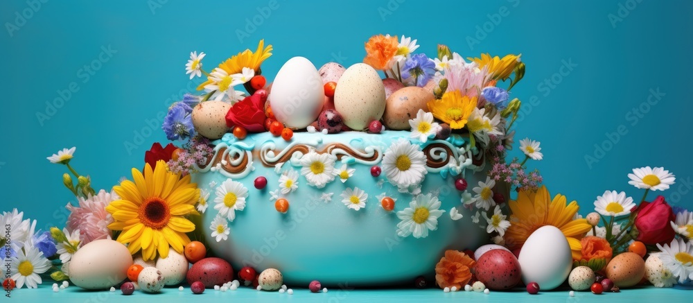 Poster a cake for easter covered in vibrant flowers and surrounded by colorful eggs placed on a blue table 