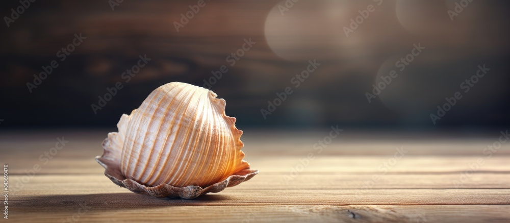 Poster a seashell rests on a wooden table with a textured surface leaving space for copy in the image
