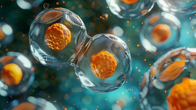 Close-up view of cell division under a microscope, showcasing the intricate process of mitosis with vibrant colors.
