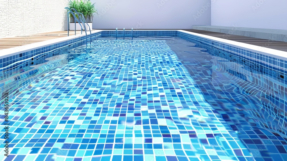 Poster an isolated illustration showcases a rectangular swimming pool with blue water featuring a mosaic pa