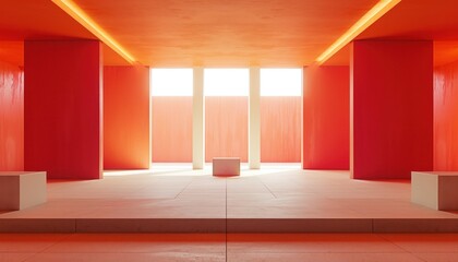 Bright red walls room with white bench in the center for fashion and art inspiration