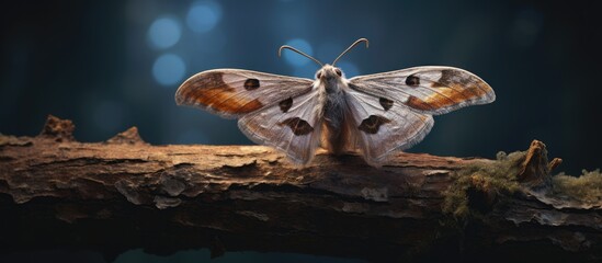 Obraz premium A Tethea ocularis moth from the Drepanidae family known as the Figure of Eighty perched on a twig with a blurry background in this copy space image