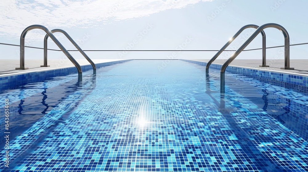 Poster an isolated illustration showcases a rectangular swimming pool with blue water featuring a mosaic pa