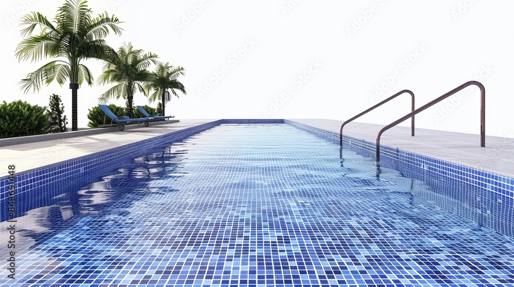 Poster an isolated illustration showcases a rectangular swimming pool with blue water featuring a mosaic pa