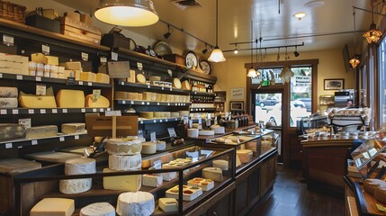 Artisanal cheese shop displaying gourmet cheeses under warm lighting in a cozy setting