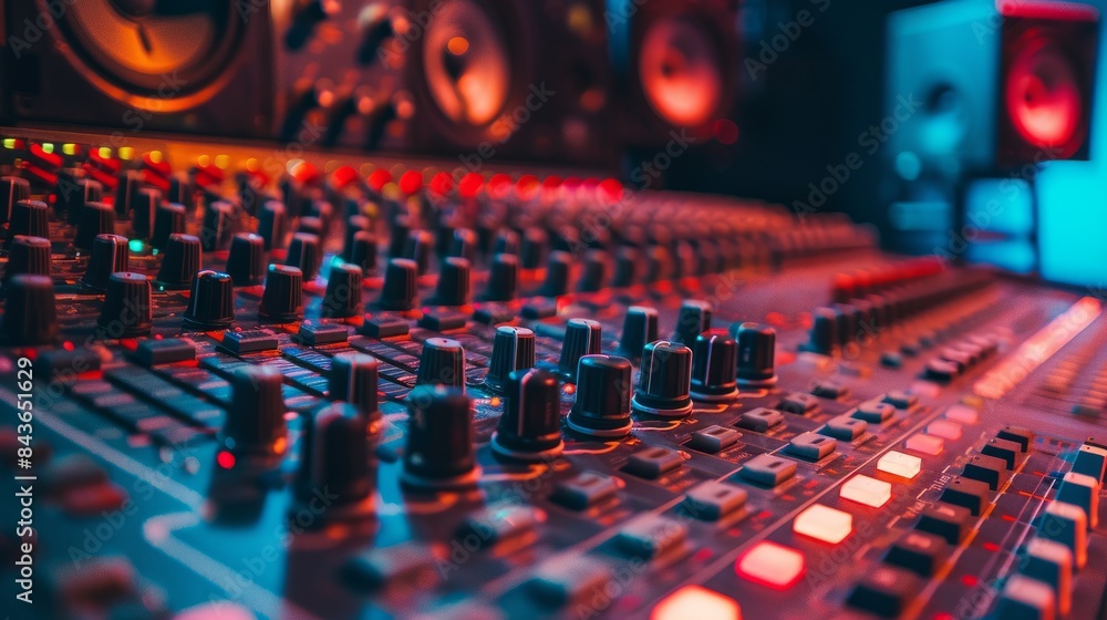 Wall mural A close-up shot of a professional audio mixing console, showcasing its intricate knobs and buttons, with a blurred background of a recording studio