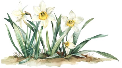 Watercolor painting of white and yellow daffodils in a garden. Elegant floral illustration of spring flowers with green leaves.