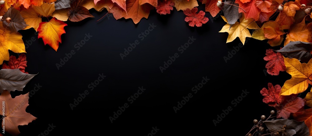 Poster autumn leaves arranged in a border frame on a black background providing ample copy space for creati