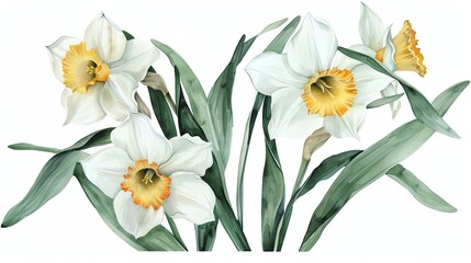 Beautiful illustration of white daffodil flowers with vivid yellow centers and green leaves, perfect for springtime or botanical themes.