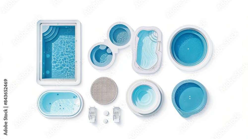 Poster a set featuring swimming pools of various shapes is presented in a top view on a white background de