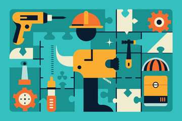 Colorful tools and mechanical items related to engineering or construction. theme related to industrial work, mechanical engineering, or vocational training