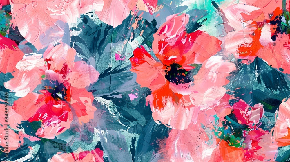 Poster a seamless pattern displays abstract painting pink flowers in an impressionism style with brush stro