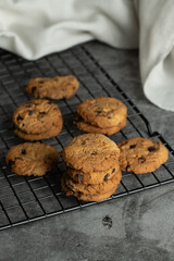 Freshly baked chocolate chip cookies.