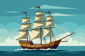 A large sailing ship that sails on the ocean. it has several unfurled sails and is moving at a good speed. The background consists of a dynamic sky with clouds, implying windy conditions.