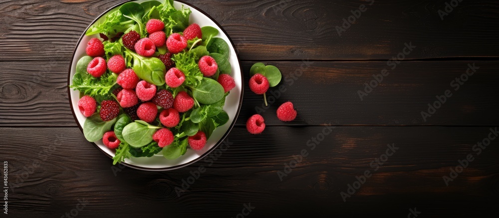 Poster a healthy serving of a salad concept menu with raw raspberries lettuce spinach and arugula the image