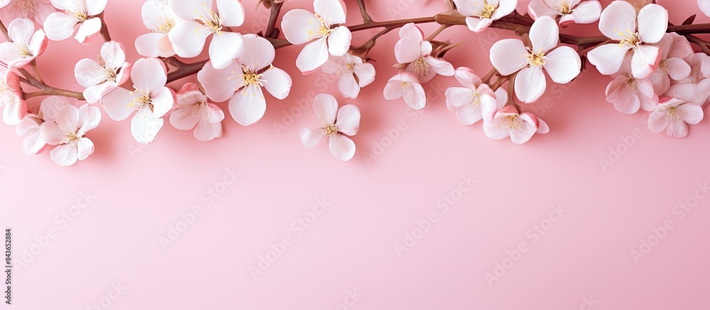 Poster a pink background featuring white flowers on the side leaving empty space for adding an image. copys