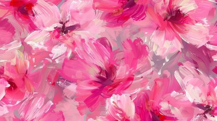 A seamless pattern displays abstract painting pink flowers in an impressionism style with brush strokes of paint and a color texture representing modern and contemporary art