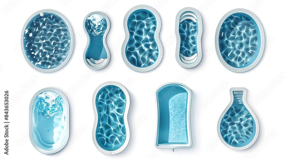 Poster a set featuring swimming pools of various shapes is presented in a top view on a white background de