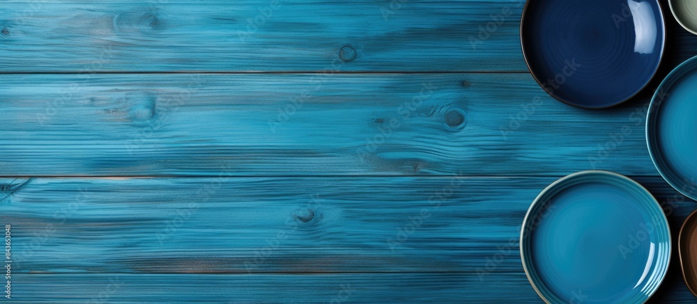 Poster the copy space image shows a blue wooden background with a set of crockery displayed on it