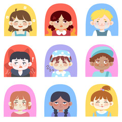 Kids faces illustration flat expression for learning set