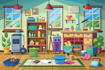 A stylized washroom or room for storing cleaning supplies. There are various tools and cleaning supplies such as a broom, mop, bucket, and probably bottles of detergent.